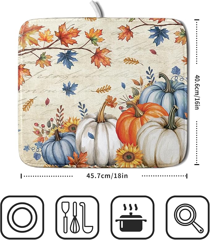 Fall Pumpkin Dish Drying Mat for Kitchen Counter 16x18 Inch Vintage Autumn - Image 2