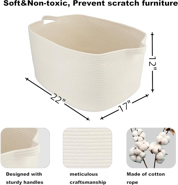 Large Rectangle Blankets Basket Living Room 22"x17"x12" Woven Cotton Rope - Image 2