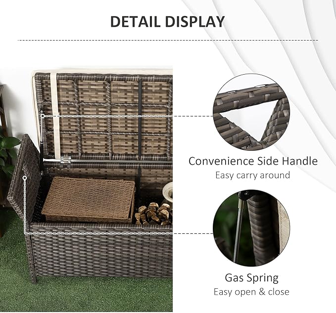 Outsunny 29 Gallon Patio Wicker Storage Bench, Outdoor PE Rattan Patio Furniture, 2-in-1 Large Capacity Rectangle Garden Storage Box with Handles and Cushion, Cream White - Image 8
