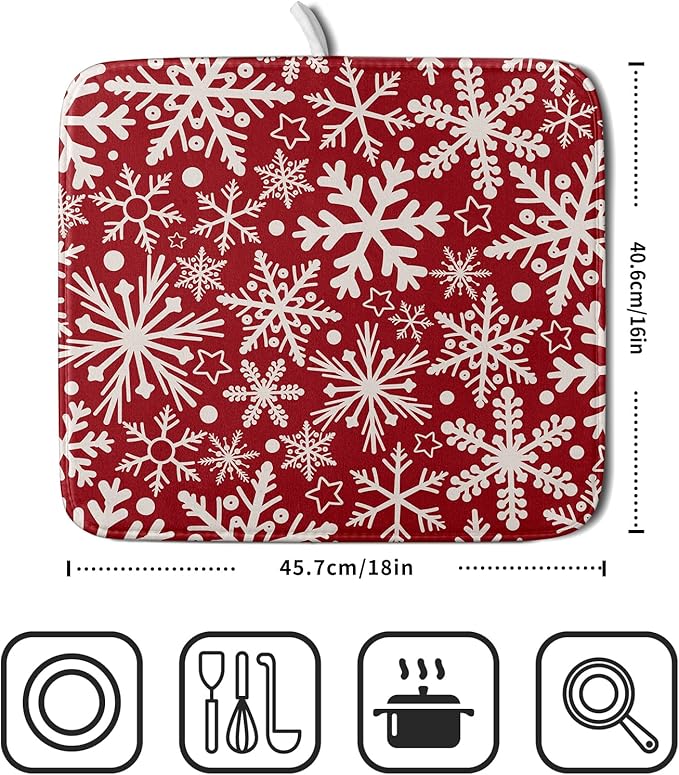 Christmas Dish Drying Mat for Kitchen Counter 16x18 Dark Red Snowflake Winter - Image 2