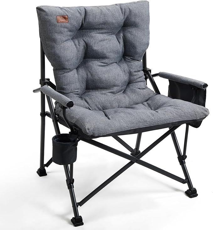 EVER ADVANCED Padded Oversized Folding Camping Chair for Adults, Heavy Duty Lawn Chair with Side Pockets, Portable Collapsible Quad Chair for Outside, Support Up to 500lbs, Grey by EVERADVANCED
