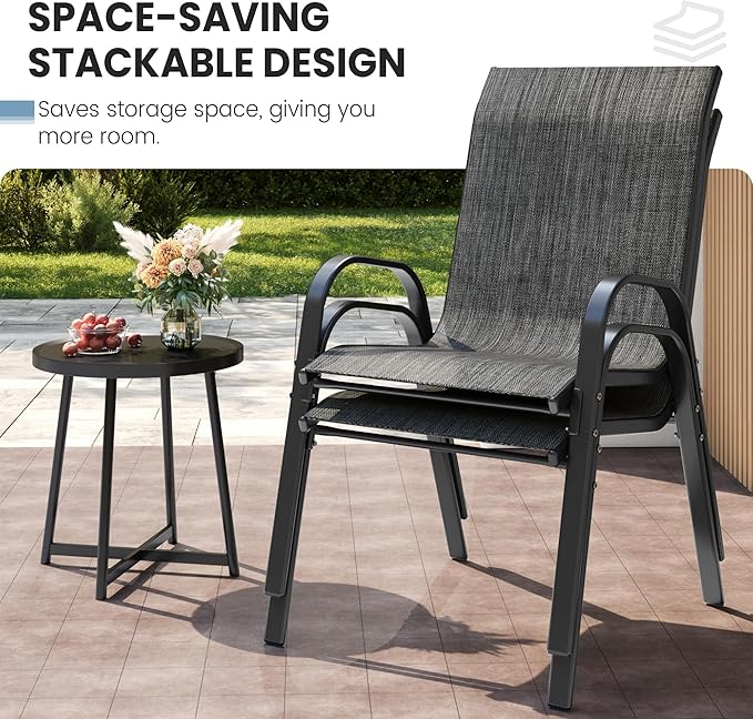 Patio Dining Chairs Set of 4, Stackable Dining Chairs High Back, Breathable Seat Fabric and Alloy Steel Frame Fit Backyard, Porch, Lawn，Poolside (Dark Grey) - Image 6