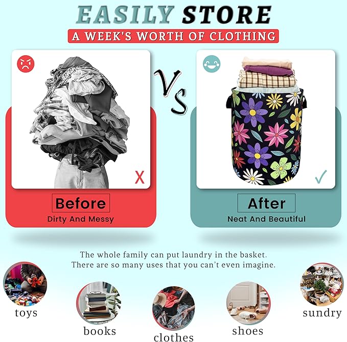 Colorful Hippie Flower Laundry Basket Art Flowers Foldable Funny Laundry Hamper - Image 3