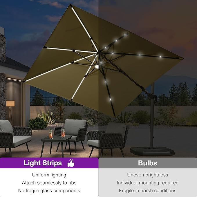 PURPLE LEAF 10 Feet Patio Umbrella with Base Outdoor Cantilever Solar Powered LED Swivel Square Umbrella Aluminum Offset Umbrella with 360-degree Rotation for Garden Deck Pool Patio, Beige - Image 2