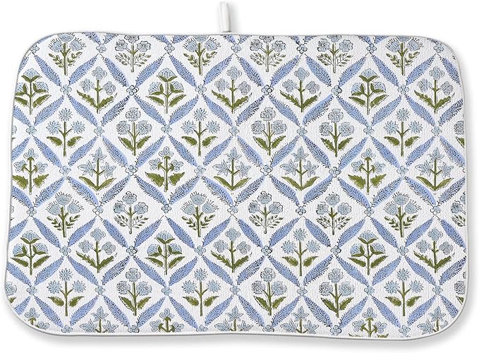 Blue Sage Green Block Print Dish Drying Mats 18x24 Inch Blue Green Vintage by GOLIANDA