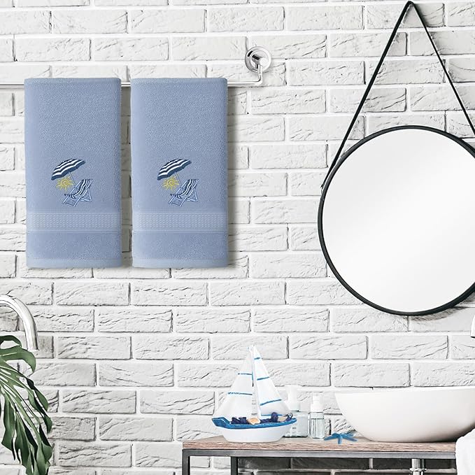 2 Pcs Beach Chair Hand Towels Slate Blue Bathroom Decor 14x29 Inch Embroidered - Image 3