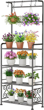 Plant Stand Indoor Outdoor Heavy Duty Metal - 68.4" Tall 4-Tier Shelf for Multiple Plants, Flowers, Rustproof Black Storage Rack for Patio, Balcony, Living Room, Garden, Includes Hooks&Adjustable Feet by GIOTORENT