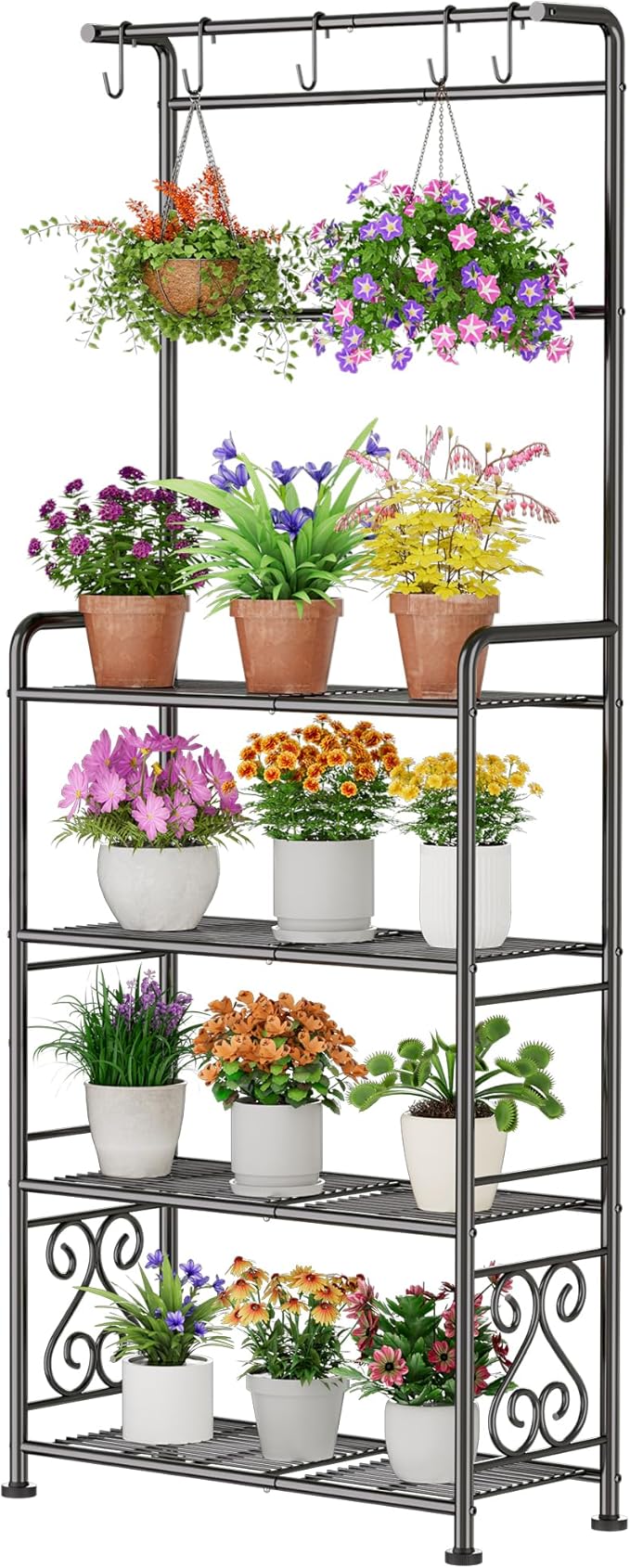 Plant Stand Indoor Outdoor Heavy Duty Metal - 68.4" Tall 4-Tier Shelf for Multiple Plants, Flowers, Rustproof Black Storage Rack for Patio, Balcony, Living Room, Garden, Includes Hooks&Adjustable Feet by GIOTORENT