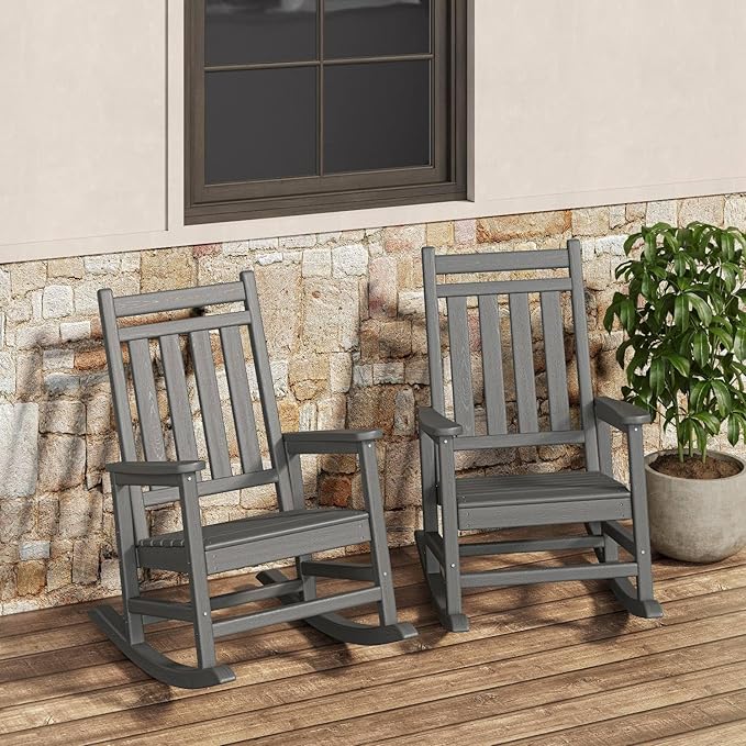 GarveeLife Poly Lumber Rocking Chair Outdoor Set of 2- HDPE High Back Porch Rocker Chairs for Adults - All Weather Resistant Furniture for Patio - Gray by GarveeLife