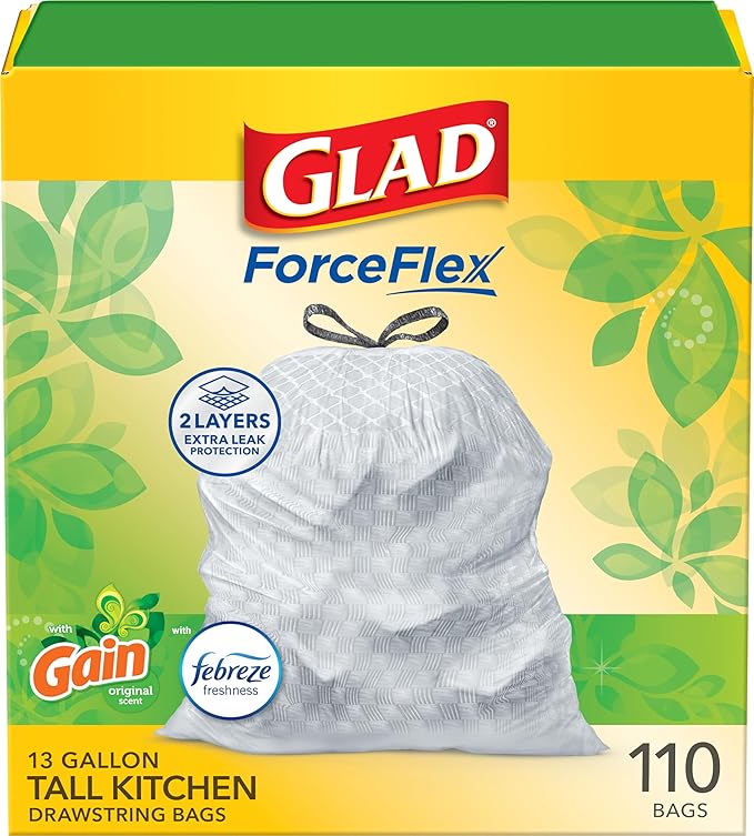 Glad ForceFlex Tall Kitchen Drawstring Trash Bags, 13 Gal, Gain Original by GladTrashFoodStorage