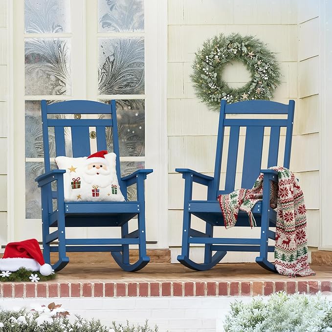 LUE BONA Outdoor Rocking Chairs Set of 2, Weather Resistant Poly Plastic Rocker Chairs, 350lb Heavy Duty, Oversized Porch Rocker for Adult, High Back Smooth Rocking Chairs for Outdoor & Indoor, Blue by LUEBONA