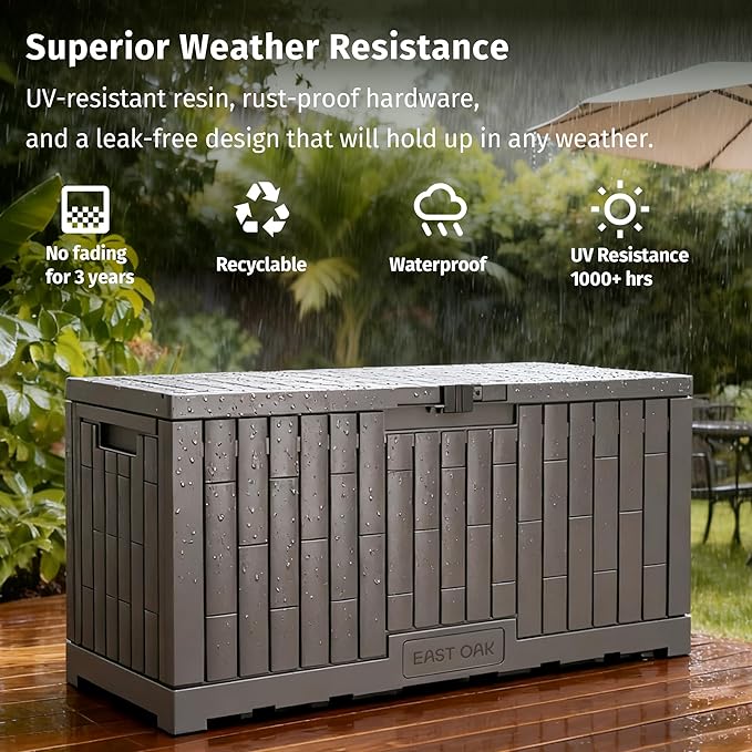 EAST OAK 120 Gallon Outdoor Storage Box | Large Resin Deck Box with Reinforced Stainless Steel Support | Waterproof & UV-Resistant Patio Storage Box for Cushions, Garden Tools & Pool Accessories, Grey - Image 6