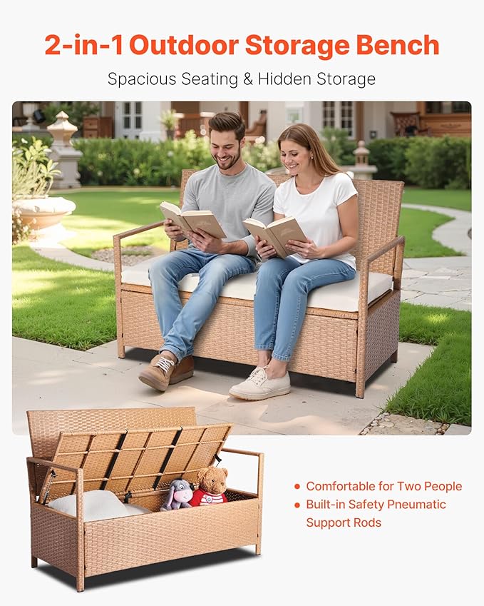 VEVOR Outdoor Storage Bench, 2-Person PE Rattan Storage Bench, 70 Gal Deck Box with Cushion, Supports up to 265 lbs, Weatherproof Outdoor Seating & Porch Decor for Patio Garden Balcony Yard - Image 4