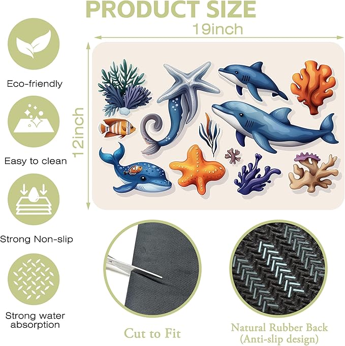 Sea Animals Dish Drying Mat Dolphins Starfish Anemones Kitchen Mat 12"x19" - Image 4