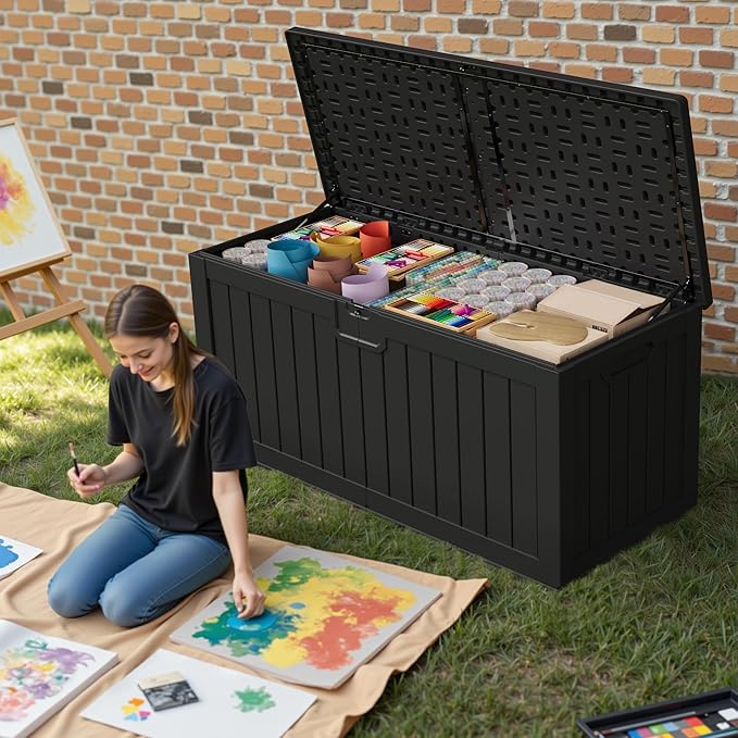 Patiowell 240 Gallon Large Outdoor Storage Box, Waterproof Deck Box with Fixed Divider, Lockable and Durable Patio Storage Solution for Patio Furniture and Garden Tools (Black) - Image 2