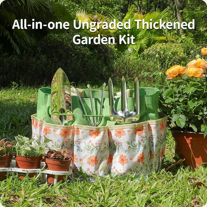 Gardening Tools 10-Piece Heavy Duty Stainless Steel Hand Tools with Durable Garden Tools Storage Tote,Rust-Proof Garden Tool Set, Ideal Gardening Gifts for Women Yellow Floral Pattern Design - Image 2