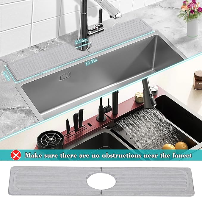 Stone Faucet Mat for Kitchen Sink, 15.7" Diatomite Drying Stone Kitchen Sink - Image 5