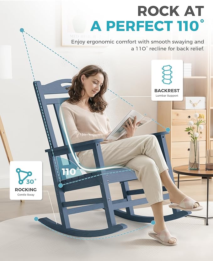 Ciokea Oversized Outdoor Rocking Chair, 380lbs Heavy-Duty Large Patio Rocker, Weather Resistant & Anti-Fade Porch Chair, High Back Cozy Rocking Chair for Outside, Fire Pit, Deck, Garden, Slate Blue - Image 4