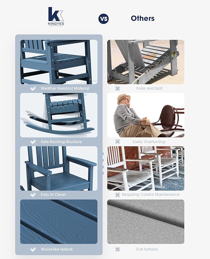 KINGYES HDPE Patio Rocking Chair Set of 2, Outdoor Rocking Chairs Porch Rocker for Adults, Navy - Image 4
