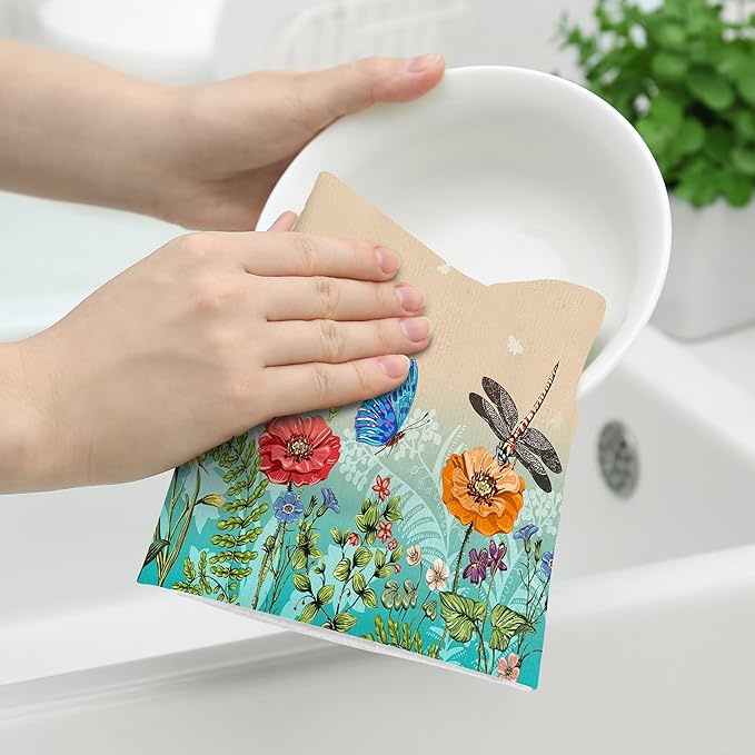 Dragonfly Floral Kitchen Towel Decorative Set of 2 Soft Absorbent Hand Towels - Image 4