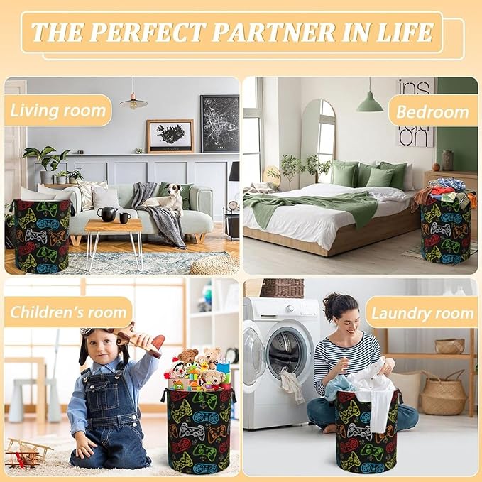 Colorful Game Joystick Silhouettes Laundry Hamper Bag - Image 7