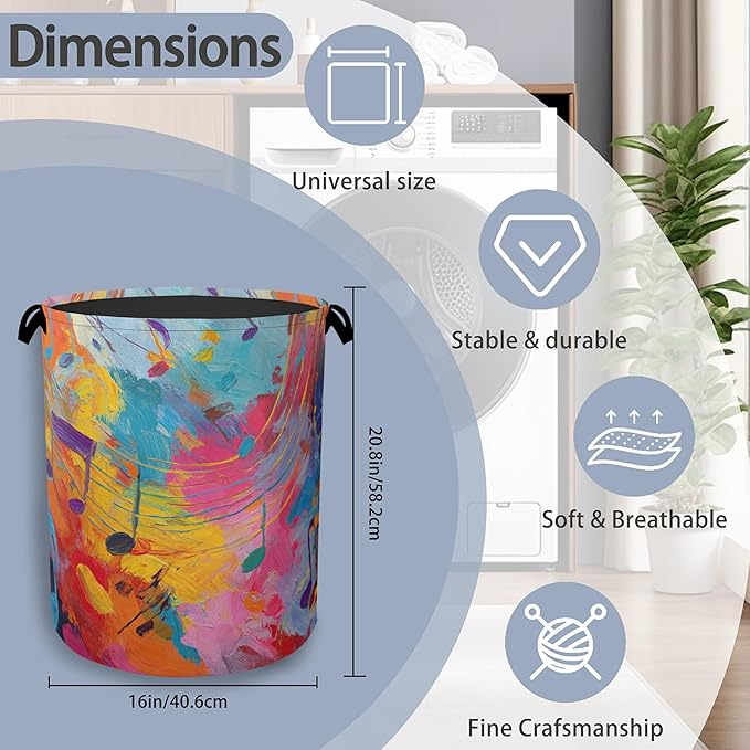 Colorful Music Symbols Laundry Basket, Foldable - Image 2