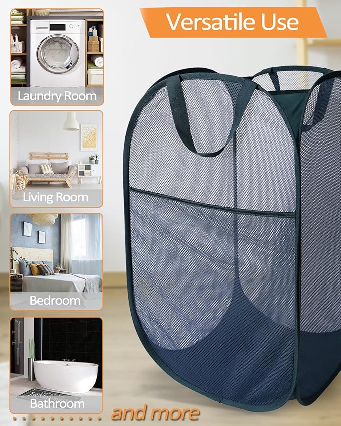 Navy Blue Durable Foldable Laundry Hamper, 22.8 x 14.2 x 14.2 inches - Image 7