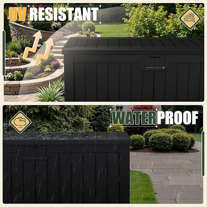 JUMMICO 250 Gallon Outdoor Resin Deck Box with Divider, Waterproof Storage Box with Lockable Lid&Side Handles for Garden Tools, Pools Supplies (Black) - Image 4
