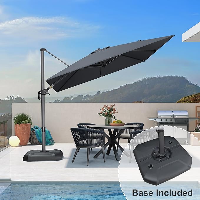 PURPLE LEAF 9 Feet Patio Umbrella with Base Outdoor Cantilever Square Umbrella Aluminum Offset Umbrella with 360-degree Rotation for Garden Deck Pool Patio, Grey - Image 2