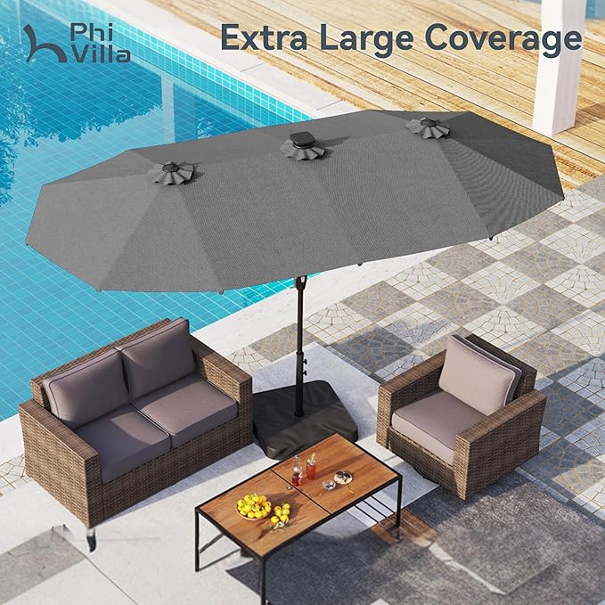 PHI VILLA 13ft Patio Umbrella with 120 PCS Solar-Powered LED Color-Changing Lights, Double-Sided Large Rectanglular Umbrella Outdoor for Table with Crank Lift,Light Grey(No Base) - Image 4