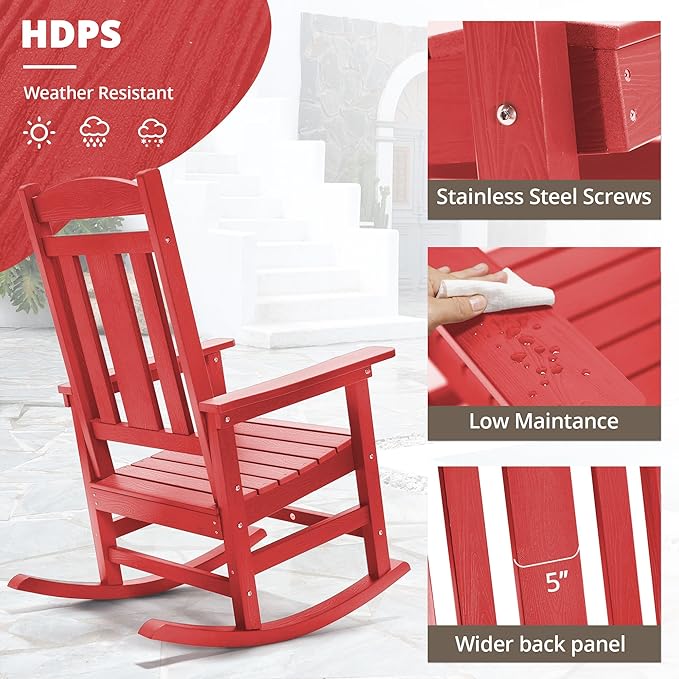 LUE BONA Outdoor Rocking Chairs Set of 2, HDPS Porch Rocker with High Back, Plastic Weather Resistant Rocking Chairs for Outdoor Indoor, Garden, Backyard, 350lb, Bright Red - Image 4