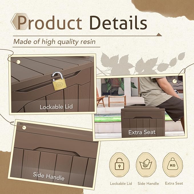 Flamaker Deck Box 31 Gallon Waterproof Resin Small Deck Box with Lid, Indoor Outdoor Package Delivery Box, Organization and Storage for Patio Furniture, Garden Tools, Outdoor Cushions (Deep Brown) - Image 3