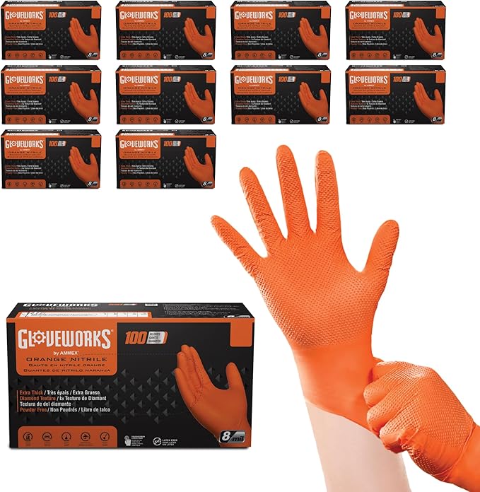 GLOVEWORKS 8 Mil Orange Nitrile Disposable Gloves Heavy Duty Industrial RDT by GLOVEWORKS