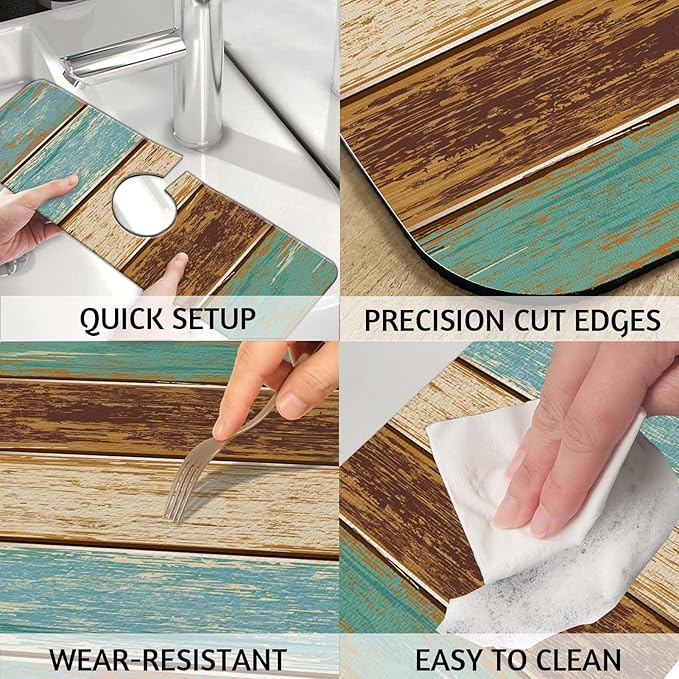 MCALK Wood Pattern Teal Kitchen Sink Faucet Mat Splash Guard, Absorbent - Image 4