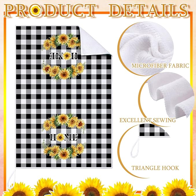Bencailor 4 Pcs Sunflower Kitchen Towels Flower Hand Dish Towels Black and - Image 3