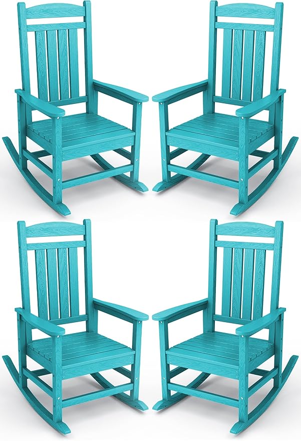 KINGYES HDPE Outdoor Rocking Chair Set of 4, All-Weather Poly Patio Rocking Chairs with 330lbs Support for Adults, Aruba Blue by KINGYES