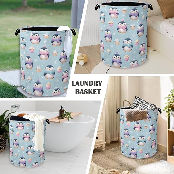 Cute Penguin Laundry Basket, Snowflake Cake Foldable Oxford Cloth Tote Bag - Image 4