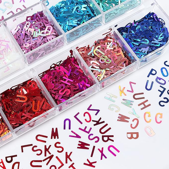 12 Colors Letter Nail Art Glitter Sequins, Holographic 3D Alphabet Nail Art - Image 3