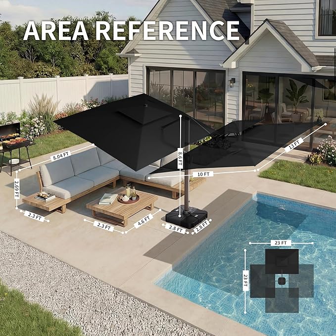 10 X 13 FT Cantilever Patio Umbrella with LED Lights Outdoor Heavy Duty Double Top Windproof Rectangle Offset Umbrellas with 360-degree Rotation for Pool Deck Backyard, Black - Image 4
