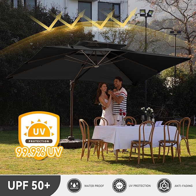 10 X 13 FT Cantilever Outdoor Patio Umbrella with Led Lights Large Heavy Duty 360° Rotation Double Top Offset Rectangular Umbrellas for Backyard Garden Pool Outside Deck, Black - Image 7