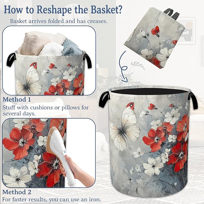 Butterfly Flowers Laundry Basket, Foldable Oxford Cloth Red Laundry Hamper - Image 6