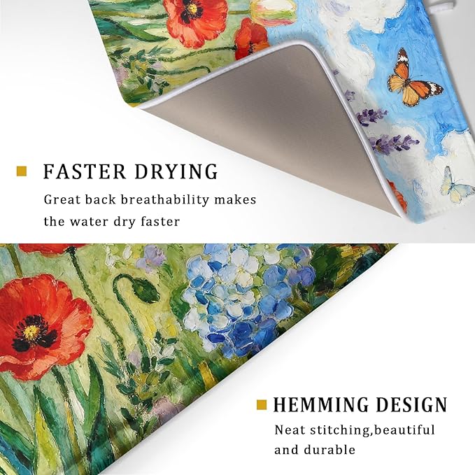 Spring Floral Dish Drying Mat for Kitchen Counter 18x24 Green Purple Blue - Image 3