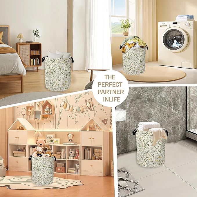 Green Herb Leaves Laundry Hamper, Rustic Wildflower Collapsible Laundry Baskets - Image 6