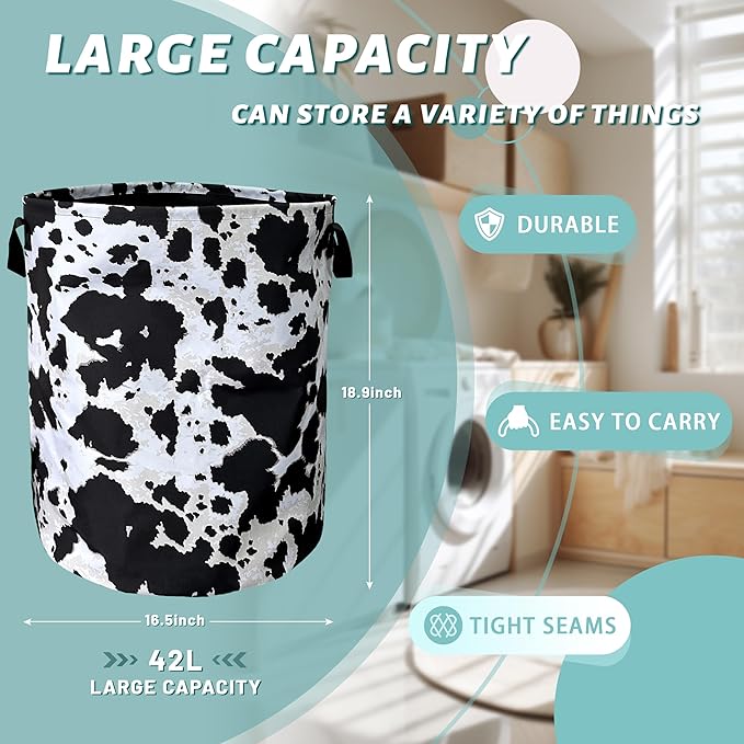 Retro Black White Cows Print Laundry Basket Foldable - Image 2