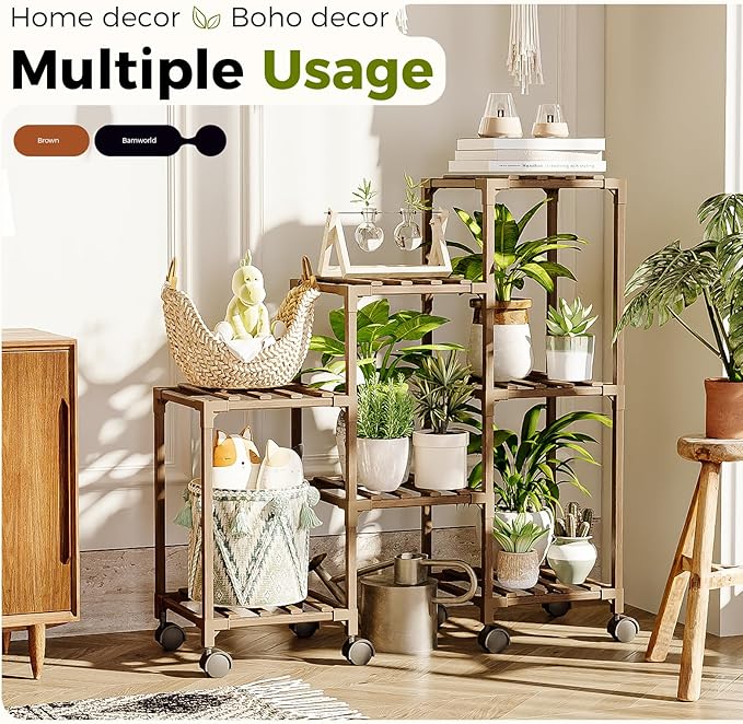 Bamworld Plant Stand with Wheels for Indoor Plants Wood Outdoor Tiered Shelf 3 Tire 7 Potted Ladder Plant Holder Table Pot Stand for Window Garden Balcony Patio Living Room (natureDL) - Image 3