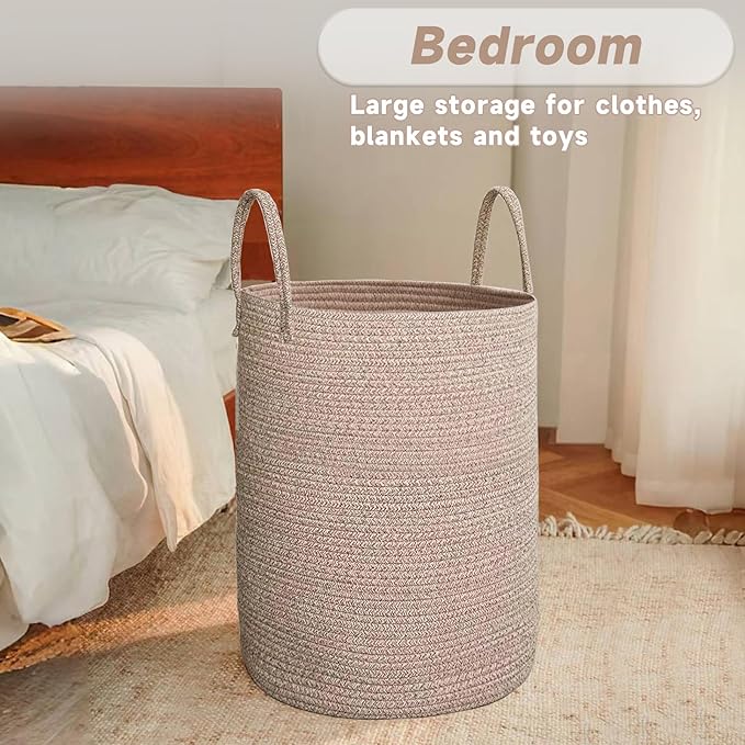 Large Woven Laundry Basket Hamper, 80L Cotton Rope Storage Bin - Image 4