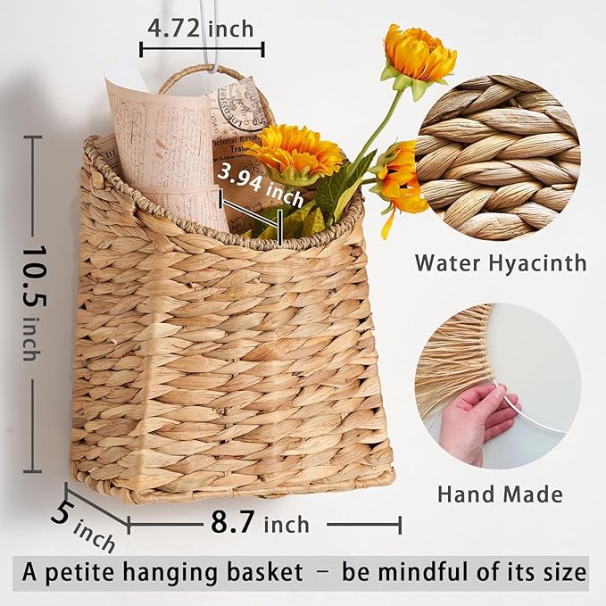 Hanging Basket for Front Door –10.5" H Water Hyacinth Woven Wall Mounted - Image 2
