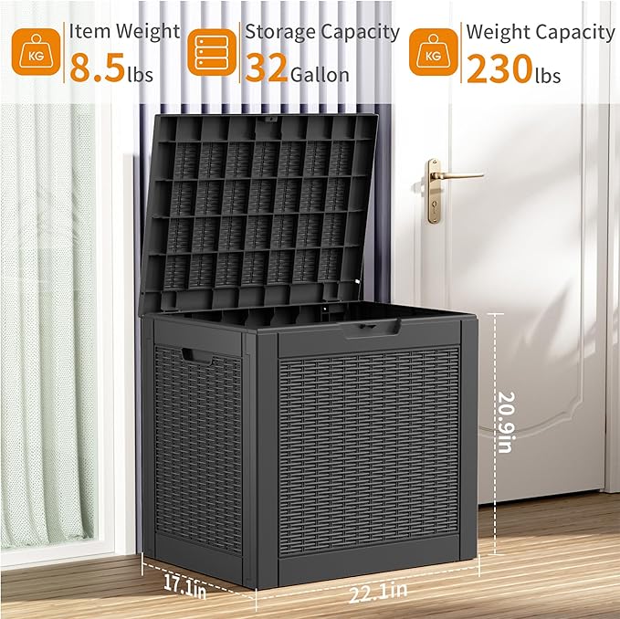 32 Gallon Outdoor Storage Box, Large Resin Deck Box for Patio Cushions, Garden Tools, Pool Accessories, Waterproof and Lockable Design, Storage Bench for Backyard & Deck(Black) - Image 2