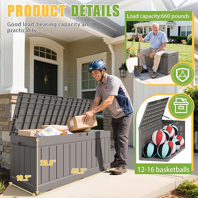Greesum Outdoor Storage Box 82 Gallon Storage Bin with Lid for Patio Furniture, Garden Tools, Pool Supplies, Waterproof and UV Resistant, Lockable, Coffee - Image 6