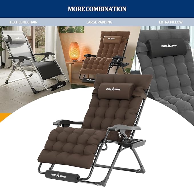 UDPATIO Oversized Zero Gravity Chair, 33In XXL Patio Reclining Chair with Cushion, Outdoor Folding Recliner with Pillows|Cup Holder|Foot Rest|Padded Headrest, Brown Grey, Support 500LB - Image 4